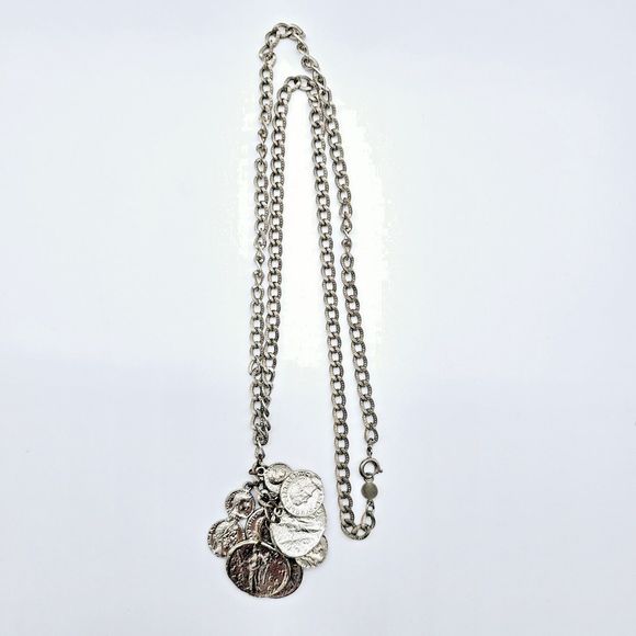 Accessocraft NYC Coin Necklace Vtg Old World Roman Textured Links Dangle Charm - Picture 10 of 11